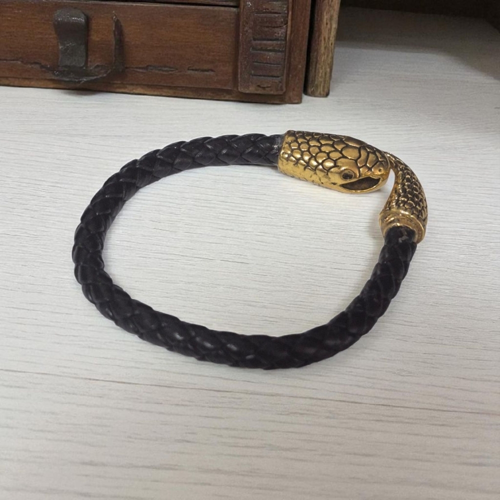 Handcrafted Woven Black Leather Unisex Bracelet With Snake Head And Tail Clasp